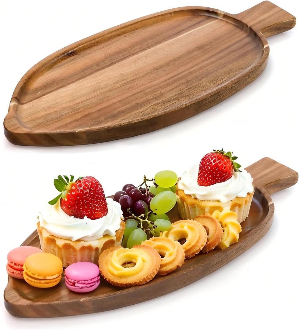 YOUEON 2 Pcs Leaf Shaped Acacia Wood Serving Trays, 13 x 5.5 Inch Decorative Wooden Platters, Versatile Wooden Trays for Cheese, Appetizers, Fruit, Candle, Jewelry, Home Decor (33 x 14 x 2 cm)