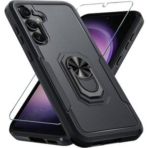 Compatible with Samsung Galaxy S24/S25 Case with Screen Protector Tempered Glass,Heavy Duty Shockproof Full Body Phone Cover Built in Metal Ring Holder Kickstand,2025 Black Matte