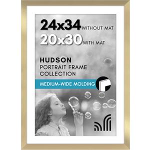 Americanflat 24x34 Poster Frame with Polished Plexiglass - Use as 20x30 Frame with Mat or Display 24x34 Photo Without Mat - Hudson Collection - Wide Picture Frames for Wall Display - Gold