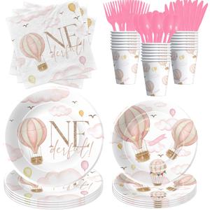 Hot Air Balloon First Birthday Decorations Tableware Girl - Hot Air Balloon Onederful Birthday Party Supplies, 1st Paper Plate, Cup, Napkin, Disposable Cutlery, Serves 24