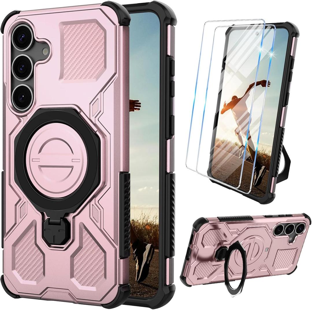 for Samsung Galaxy S25 Plus Case with Tempered Glass Screen Protector, Heavy Duty Military Grade Shockproof Protective Cover 360 Ring Magnetic Kickstand Cell Phone Case for Samsung S25 Plus (Pink)