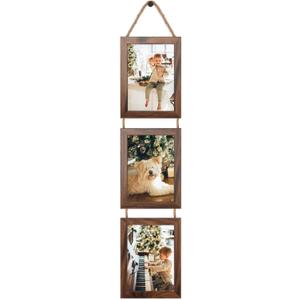 QUTREY 5x7 Picture Frames Collage, 3 Openings 5 x 7 Vertical Hanging Photo Frames Display 5 by 7 inch Pictures for Wall Decor, Walnut Brown