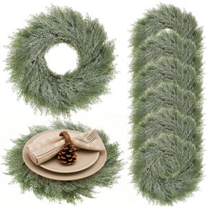 Christmas Placemats Set of 6 Round Greenery Place Mats Xmas Circular Artificial Wreath Dining Table Decor Winter Fake Plants Branches Mats for Kitchen Accessories (Powder Snow)