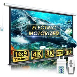 110" Motorized Projector Screen - Indoor and Outdoor Movies Screen 110 inch Electric 16:9 Projector Screen W/Remote Control