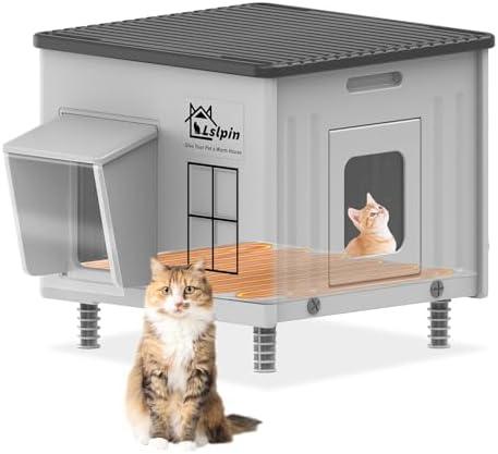Indestructible Heated Cat House for Outside Cats Winter,Weatherproof & Insulated & Elevated Feral Cat House with Escape Door, Outdoor Indoor Cat Shelter for Stray Barn Cat 17.7×17.7×17.5