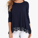 QIXING Women Tops Lace Trim O Neck A Line Tunic Blouse S