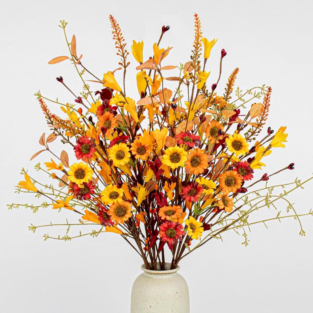 12 PCs Artificial Fall Flowers 17 Inches Vintage Autumn Stems Rustic Fall Floral Picks with Orange Forsythia Daisy Flowers Wildflower Stems for Farmhouse Indoor Vase Table Centerpieces Decor