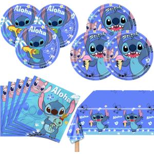 Stitch Party Supplies, 16 Plates, 20 Napkins and 1 Tablecover for Stitch Birthday Party Decorations