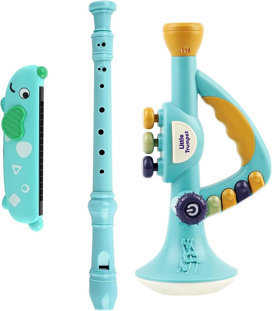 Toddler Musical Instruments Toy, Trumpet, Harmonica, Recorder Flute for Kids Baby, Musical Toys Set for Children, Gifts for Boys Girls Ages 2 3 4 5, Blue