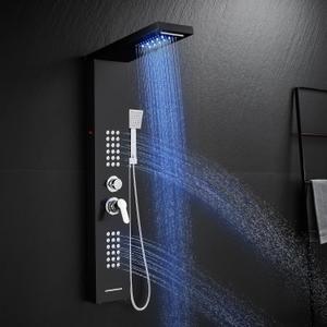 ROVATE LED Shower Panel Tower System Stainless Steel, Rainfall Waterfall Shower Panel with Jets and Handheld, 5 in 1 High Pressure Shower Tower System with Tub Spout, Black (Black Surface-with High Pressure Body Jets)
