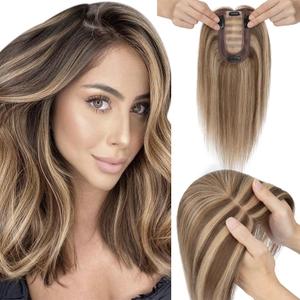 Elailite Hair Toppers for Women Real Human Hair Topper Thinning Thin 5.1"x2.8" Silk Base Clip in Remy Hairpieces 12 Inch Chocolate Brown mix Dark Blonde