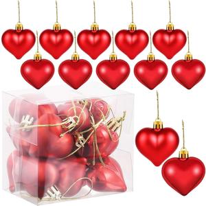 Set of 12 Red Heart Ornaments for Christmas Valentine Tree Decorations, 1.8 inch Mini Valentines Ornaments for Small Tree, Heart Shaped Plastic Shatterproof Hanging Balls Holiday Party Decor