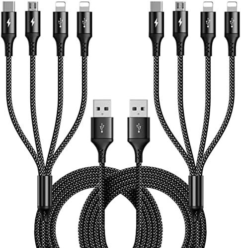 RULUS 4 in 1 Charging Cable [2 Pack 4Ft], Fast Charging & Data Sync Multi Phone Charger Cable Nylon Braided USB Charging Cable with Lightning/Type C/Micro USB Port for iPhone,Samsung Tablets,Carplay
