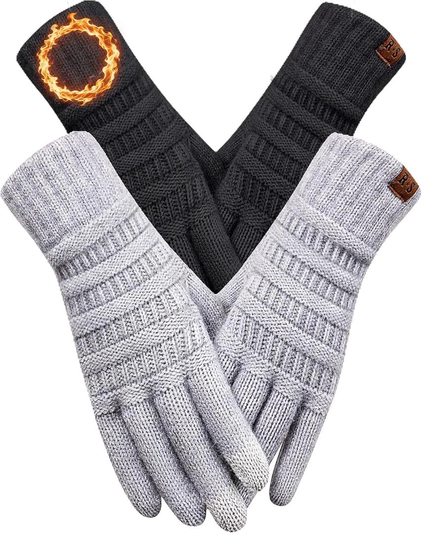 REACH STAR 2 Pairs Winter Gloves for Women, Touch Screen Warm Knit Thermal Gloves for Cold Weather Gifts (One Size, Black+light Grey)