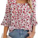 Poetsky Women's Casual 3/4 Sleeve Tops Summer Square Neck T Shirts Ruffle Loose Fit Tunic Blouses (M)