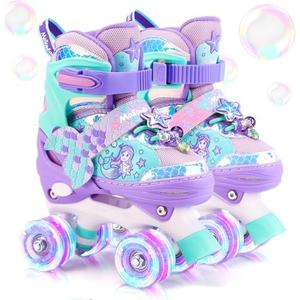 Mermaid Roller Skates for Girls Kids, Mosoulais 4 Size Adjustable Light up Wheels Skates for Toddlers, Beginner Women Rollerskates Indoor Outdoor for Xmas Birthday Gifts, Patines para Niñas Niños Size 1-4
