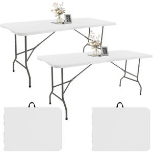 Fivenl 2 Pack 6 FT Folding Tables White Foldable Table, Fold-in-Half with Carrying Handle Portable Plastic Rectangular Table for Party, Dining, Wedding, Camping, Picnic, Indoor Outdoor Events