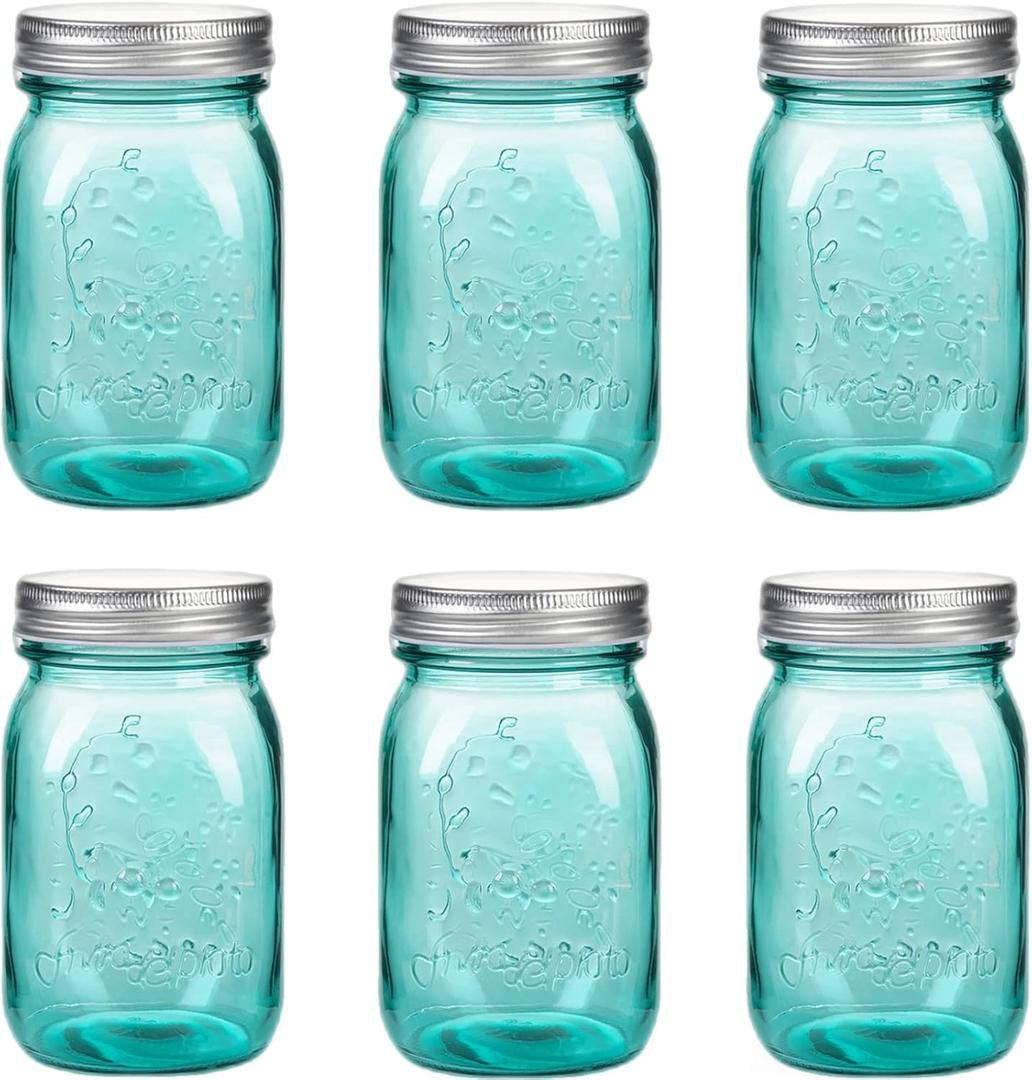 16 oz Teal Mason Jars with LidsRegular Mouth Canning Jar, 6 Pack Multifunction Glass Container, for Storage, Canning, Pickling, Preserving, Fermenting, DIY Crafts & Decor