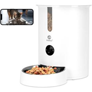 Automatic Cat Feeders, Podazz 1080P HD Camera Timed Auto Cat Dog Feeder with Smart App, 5G WiFi Dry Food Dispenser 2-Way Audio, Voice Recorder, Night Vision, Non-Stick Food Bowl (White)