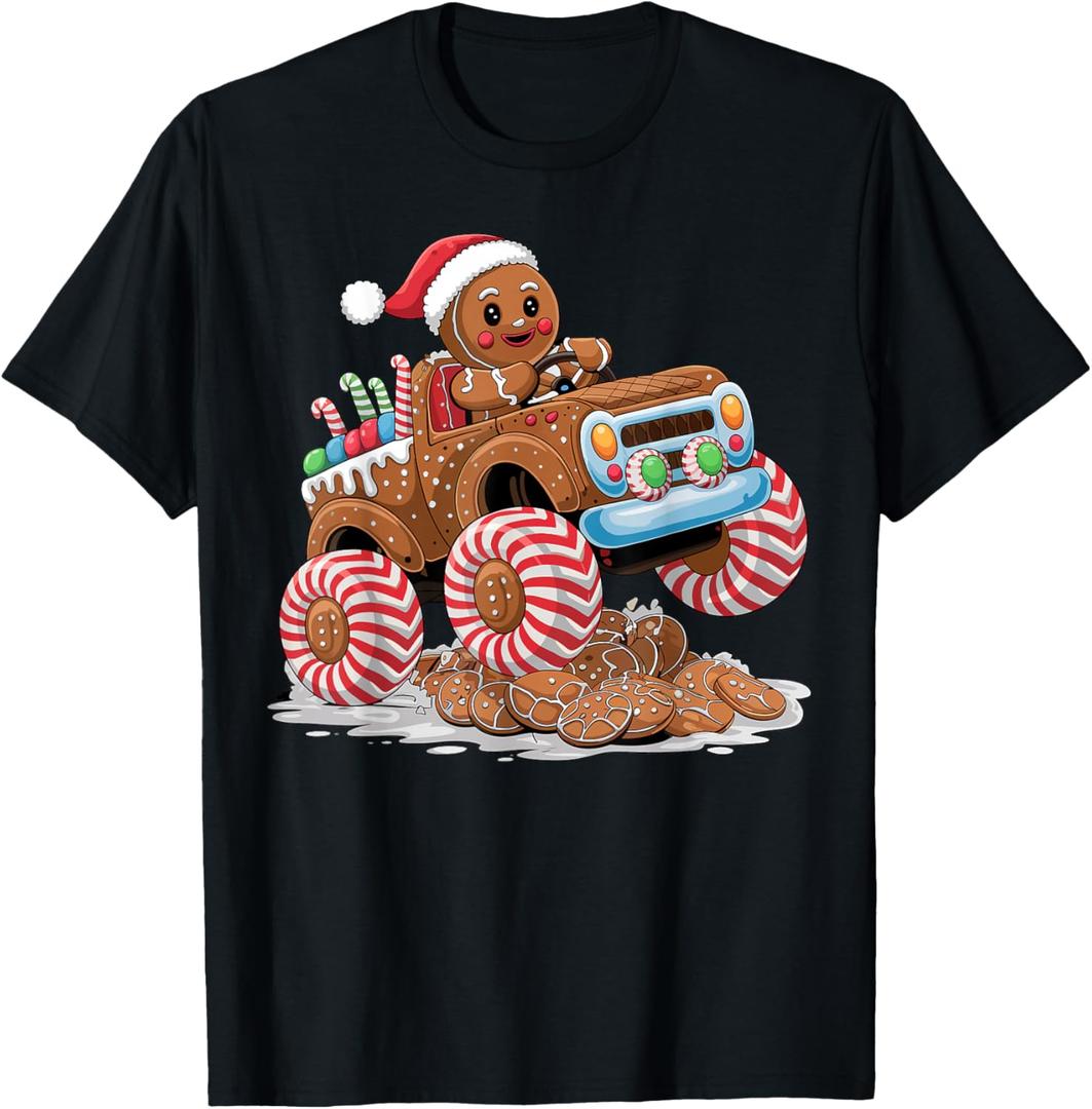 Monster Truck Gingerbread Man Funny Christmas Baking T-Shirt, XL, Black 