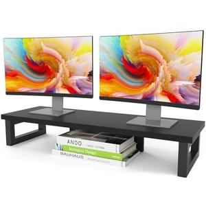 WESTREE Dual Monitor Stand Riser, Wood and Steel Monitor Stand Riser, Computer Monitor Stand for 2 Monitors, Multi-Purpose Desktop Storage Stand for Computer,Laptop,Printer,TV