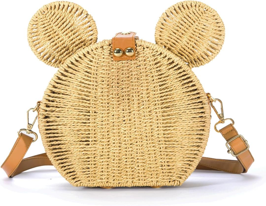 Round Rattan Straw Bag Purse for Women Handmade Cute Mouse Ear Wicker Woven Purse Crossbody Shoulder Bag Handbag (Khaki)
