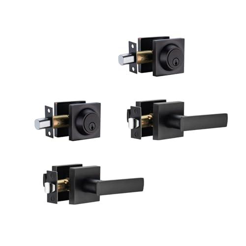 NCSEN 2 Pack Exterior Door Lock with Single Deadbolt, Heavy Duty Black Door Handles, Aged Bronze Door Locks for Front Door