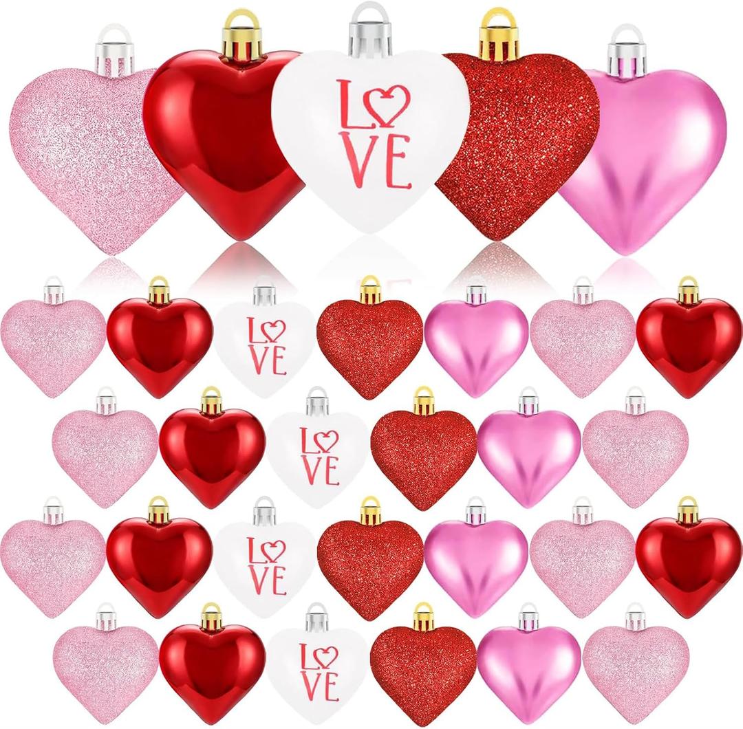 XmasExp Valentines Day Decor Heart Ornaments for Christmas Tree Decorations Set of 24 Pink Heart Shaped Bauble Perfect for Valentine's Day Wedding Anniversaries and Party Supplies (Red)