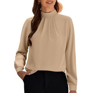 Funlingo Long Sleeve Shirts for Women Dressy Casual Fall Tunic Work Tops Mock Neck Chiffon Blouses Lightweight Office Formal Clothing Khaki 3XL
