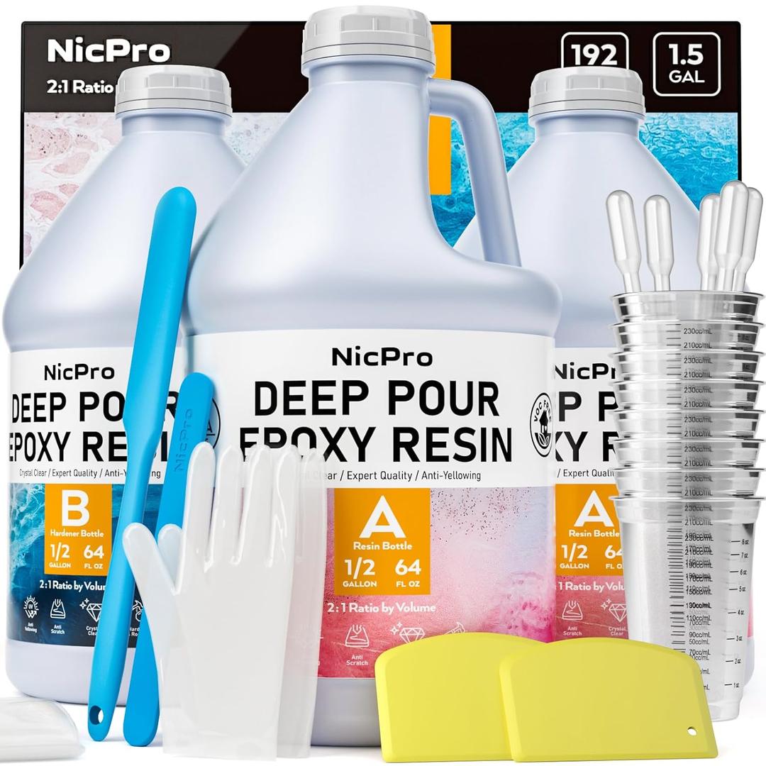 Nicpro 1.5 Gallon Deep Pour Epoxy Resin Kit, 2 to 4 Inch Depth High Gloss & Clear, Bubble Free Epoxy Resin for Craft River Table,Wood Filler, Bar Top, Coating Casting, Self Level 2:1