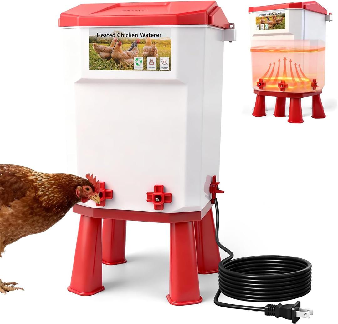 Heated Chicken Waterer- Chicken Water Heater for Winter with 4 Horizontal Nipples and Detachable Legs,3 Adjustable Heights, Winter-Proof Poultry Drinker for Chicks, Ducks and Quail-3 Gallon