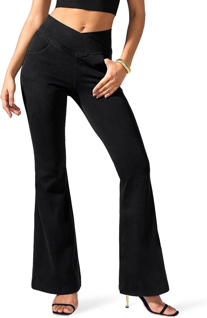 Rammus Flare Jeans for Women Crossover High Waisted Bell Bottom Jeans Trendy Yoga Pants Stretchy Flare Leggings with Pockets (XX-Large, 33" Inseam, Black Denim)