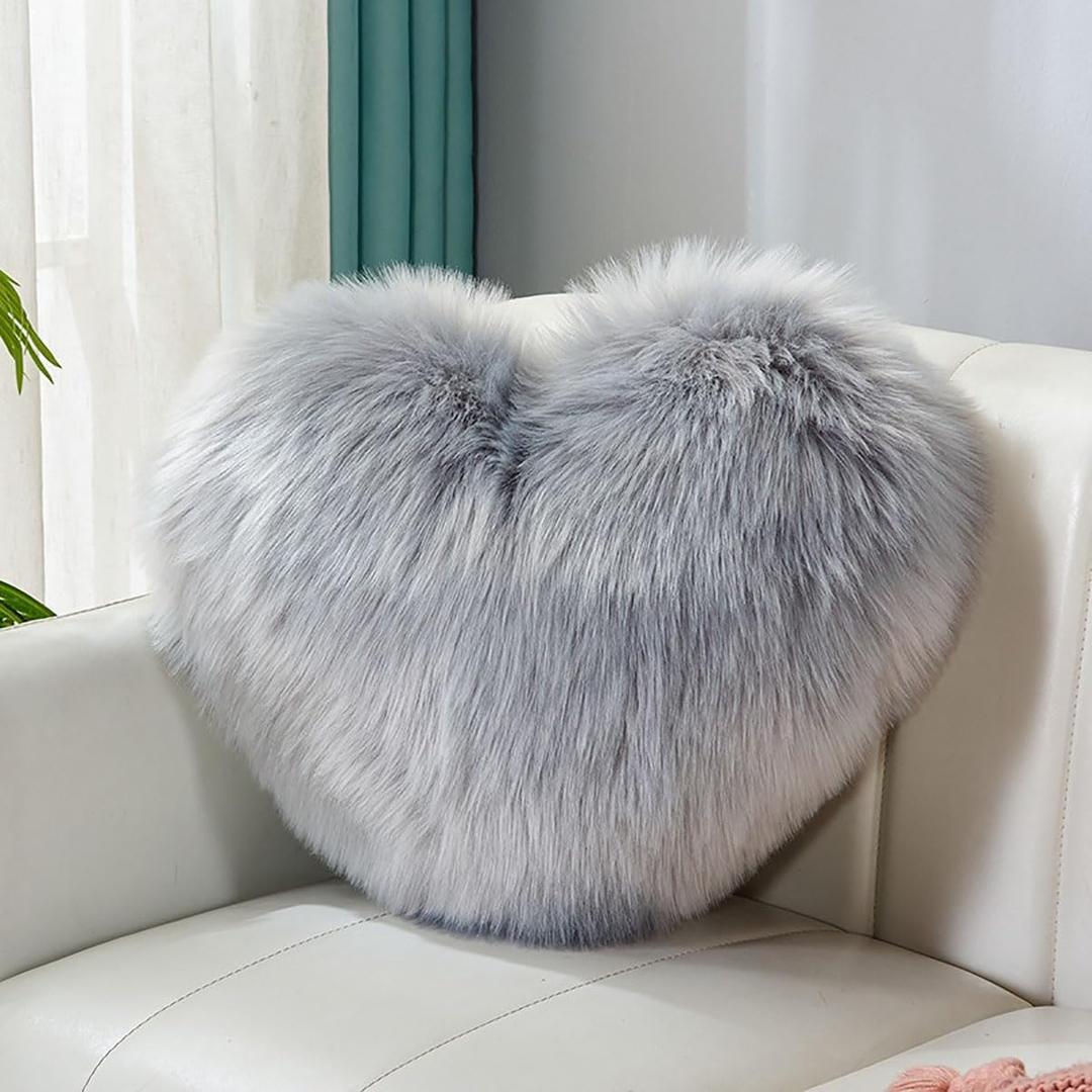 Fluffy heart-shaped pillow, sofa bed decoration, pillow decoration, room pillow (grey, 11.81inch X 15.74inch)