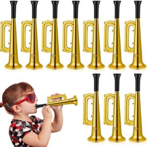 Poen 12 Pcs Toy Trumpet Kids Mini Metallic Trumpet Parties Musical Blow Horn Instruments Plastic Noise Makers for Kids Events Party Favors Music Class Stage Props 7 Inch Easter Day(Gold)
