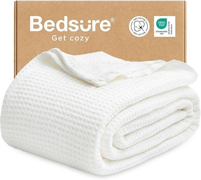 Bedsure Gentlesoft 100% Cotton Large Throw Blanket for Couch 50x70 inches - Breathable and Soft, Waffle Weave Throw Blanket for Office, White