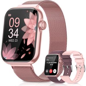 Smart Watches for Women, Health Fitness Watch for Android iPhone, Sleep/Heart Rate/SpO2/Blood Pressure Monitor, 1.85'' Smartwatch for Calls/SMS/Notifications, 100+ Sports Modes, 300+ Dials, 3 Bands (Pink)