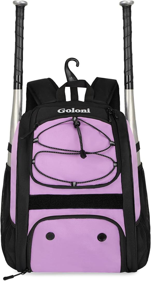 Goloni Youth Baseball Bag,Baseball Backpack with Shoes Compartment,Softball Bag with Fence Hook for T-Ball Bat & Equipment, 10*5*6, Dark Purple