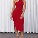 ZESICA Women's 2025 Summer One Shoulder Bodycon Midi Dresses Casual Sleeveless Ribbed Knit Side Slit Vacation Dress,Red,Medium (Red, S)