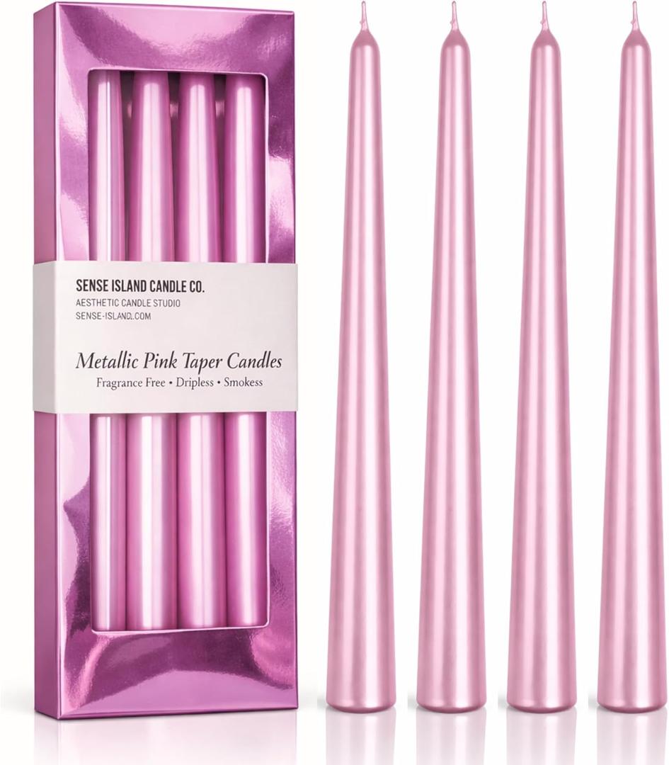 3 x Light Pink Taper Candles 10'' with Pearl Shimmer Candle Sticks Set of 4 | Unscented Candlesticks for Home Decorations, Tapered Candles for Wedding Receptions Smokeless Dripless