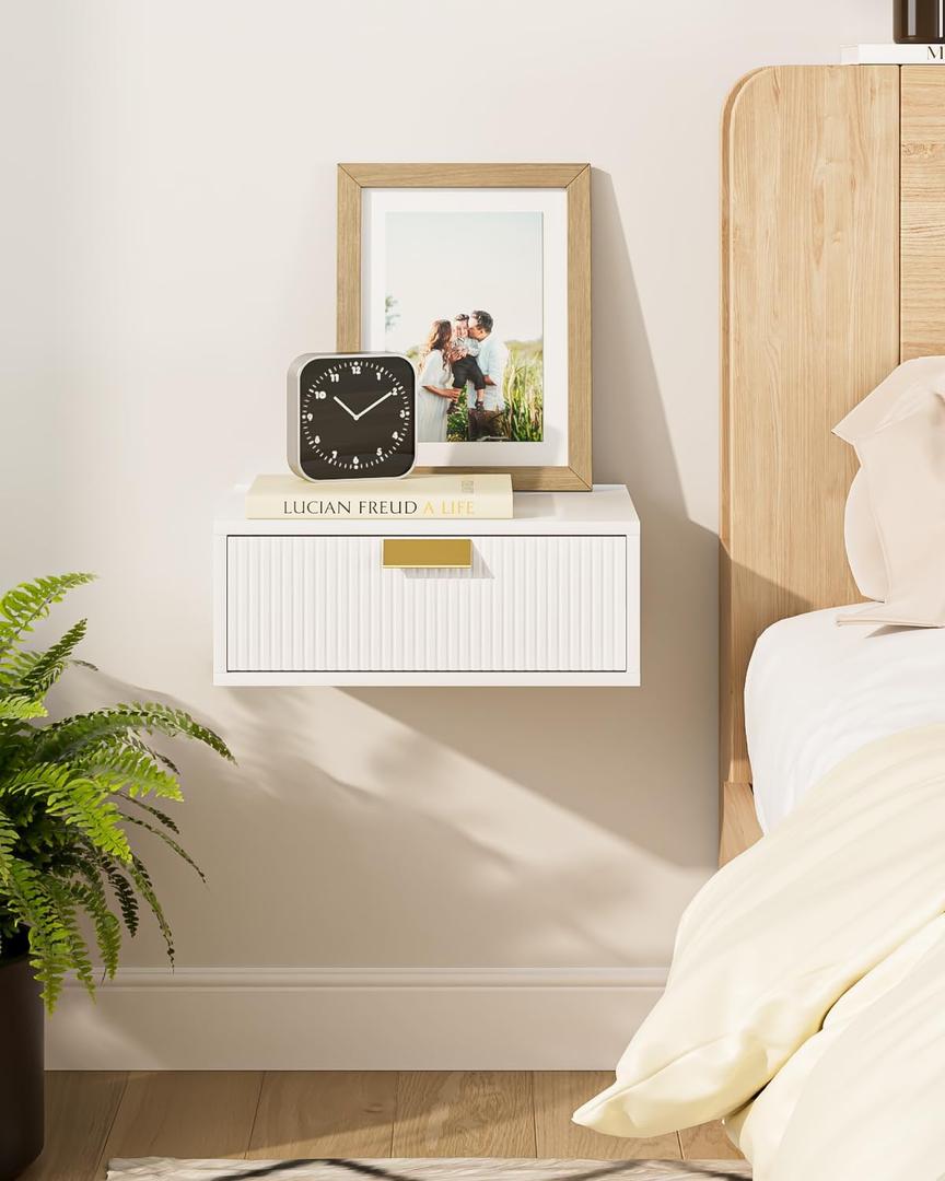 Aienvey Floating Nightstand, Floating Shelf with Drawer, Wall Mounted Nightstand, Floating Bedside Table (White Stripe)