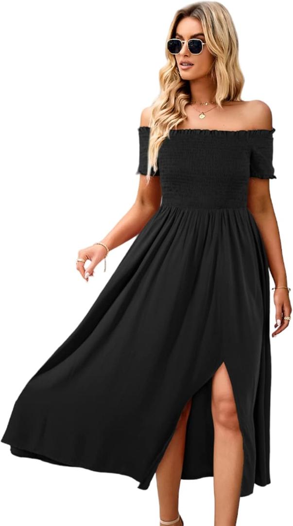 ROYUNA Women's Off The Shoulder Dresses Boho Flowy Smocked Maxi Sundress Beach Vacation Summer Dress 2024 (03 Black)