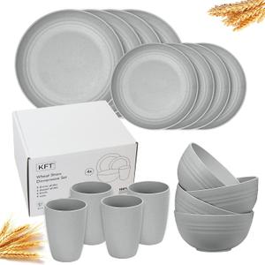 Wheat Straw Dinnerware Sets for 4 - KFT Lightweight & Unbreakable Dishes Microwave & Dishwasher Safe Perfect for Camping, Picnic, RV, Dorm Plates, Cups and Bowls (Gray) (Graphite)