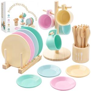GAGAKU Kids Wooden Play Dishes Set -27Pcs Montessori Play Kitchen Accessories Plates and Bowls Set, Storage Stand & Play Food, Pretend Cooking Toys for Ages 3-5, Educational Gift for Toddler (Macaron Colors With Stands)