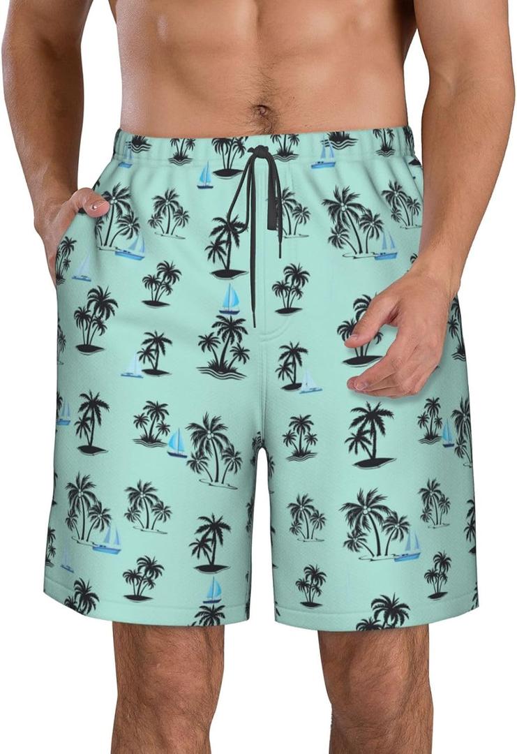 Teal Blue Mens Swim Trunks with Liner Pockets 9" Quick Dry Beach Shorts Tropical Tree Bathing Suit Swimwear, XL