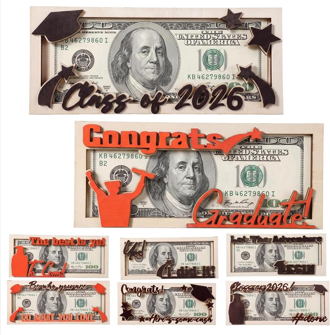 8 Pcs Graduation Money Holder 2026 Graduation Gifts for Him Her Wooden Money Senior College Box for Her Him Card Cash Envelope Holder 3D Design for Class DIY Gift Box for Ceremony Party Decor