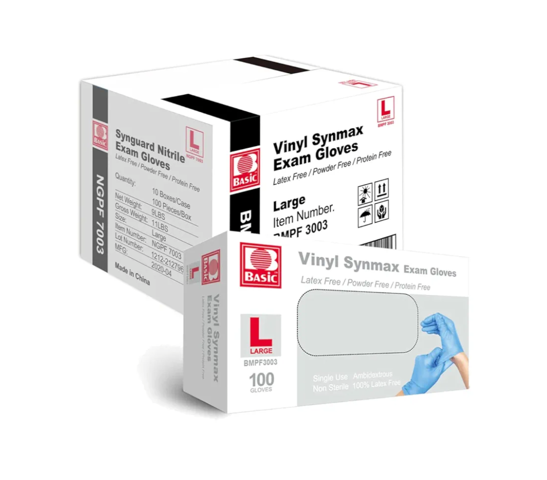 Medical Synmax Vinyl Exam Gloves - Latex-Free & Powder-Free Disposable Glove - Large, BMPF-3003(1000 Pcs)