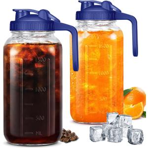 Mason Jar Pitcher 64OZ Breast Milk Pitcher Double Leak Proof with Pour Spout Handle, Wide Mouth Iced Tea Pitcher for Fridge, Creamer Container for Coffee Tea juice (2)