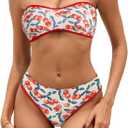 ZAFUL Bikini Sets for Women Textured Strapless Color Block Bandeau Swimsuits 2 Pieces Cheeky High Cut Bathing Suits (Medium, 0-cherry)