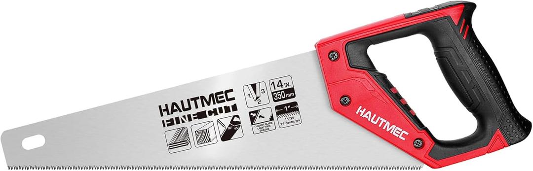 HAUTMEC 14" Hand Saw for Wood Cutting & Woodworking, 11 TPI Small Crosscut Handsaw with Triple-Ground Teeth, Fine Cut Saws for PVC, Plastic & Trees-HT0024