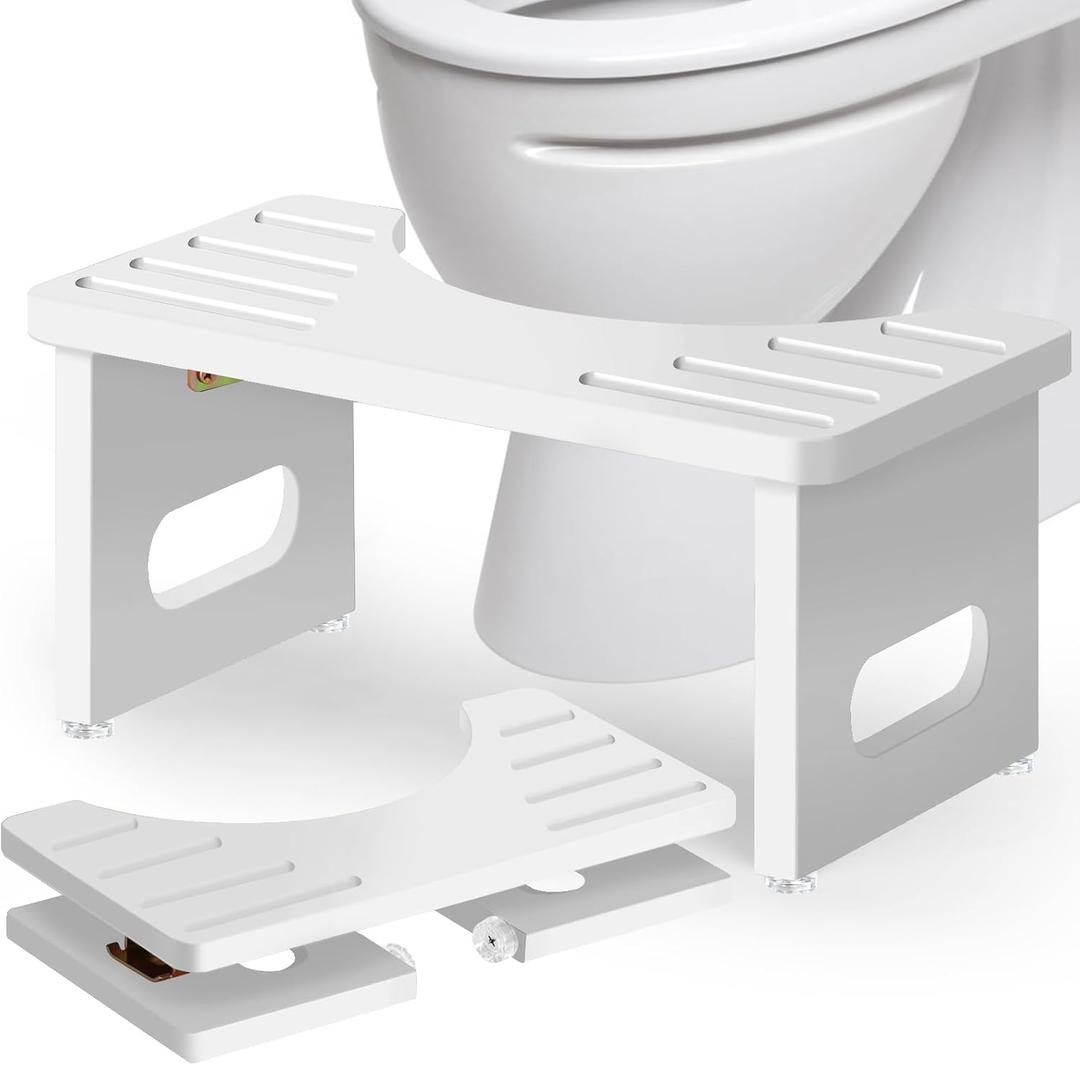 Foldable Toilet Stool, Bamboo Toilet Stool Squat Adults, 7 Inches Poop Stool for Bathroom, Collapsible Potty Step Stool with Non-Slip Strip, Space-Saving, No Assembly (White)